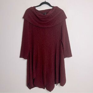 IC By Connie K Maroon Black Textured Lagenlook Long Sleeve Cowl Neck Tunic Top